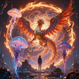 Seismic realm, ancient high tech, cyberpunk, dystopian, jellyfish phoenix dragon, butterfly squid, burning halo, intricate artwork by Tooth Wu and wlop and beeple, greg rutkowski, very coherent symmetrical artwork, cinematic, hyper realism, high detail, octane render, unreal engine, 8k, Vibrant colors, Smooth gradients, High contrast, depth of field, aperture f1.2