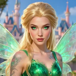 a close - up of beautiful tattooed blonde fairy wearing a magical emerald leotard, disneyland background, hyper realistic face, green eyes, fantasy art, in the style of greg rutkowski, illustration, epic, fantasy, intricate, hyper detailed, artstation, concept art, smooth, sharp focus, vibrant