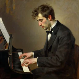 attractive man playing piano, painting by gaston bussiere, craig mullins