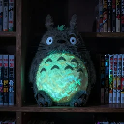 glow in the dark totoro sitting on a shelf in a dark room, dim, comic books on shelf