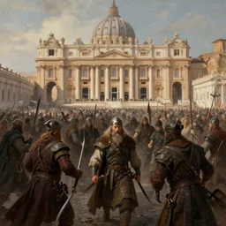 A horde of vikings raiding the Vatican State, fantasy painting, DeviantArt Artstation, by Jason Felix by Steve Argyle by Tyler Jacobson by Peter Mohrbacher, cinematic lighting