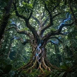 the mystical tree of life in the middle of the amazon rainforest, with branches made of electricity and dna, massive, hyper realistic, hyper detailed, octane render, dramatic lighting, 5 0 mm