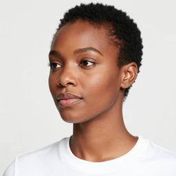 beautiful realistic studio portrait photograph head shot of a beautiful african woman wearing a white t shirt age 3 5 looking to the left, by annie liebovitz and connor hibbs, professional portrait photograph spectacular detail trending on artstation 8 k
