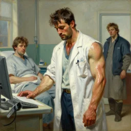 muscular sweaty doctor, hospital painting by gaston bussiere, craig mullins, j. c. leyendecker, tom of finland