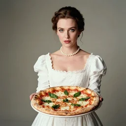 portrait of a young beautiful queen in an intricate white dress, holding up a neapolitan pizza margherita to the camera, pearl necklace, muted colors, soft lighting, sharp focus, neutral background, masterpiece, photo by jimmy nelson, cindy sherman, letizia vestrucci