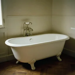 an old bathroom in france, an antique white clawfoot bathtub, wooden floor, soft lighting from the left, cinematic, film, by jeremy lipking, joseph todorovitch