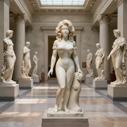 a marble sculpture of Dolly Parton in a museum hall, surrounded by ancient Greek statues, soft sunlight dappling on the hallway, classical architecture, HD award-winning photo