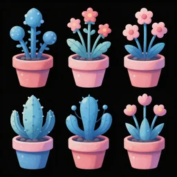 game asset of unique pot plants and flowers on black background, organic, in gouache detailed paintings, props, stylized, 2 d sprites, kitbash, arcane, overwatch, blue and pink color scheme, 8 k, close up