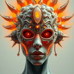 human portrait, face, wearing a carved mineral mask with tiny mineral incrustations, godness, ethereal, opal, cyborg, mechanical, evil, elements, baroque, rococo, white, orange, ink, tarot card enviromet, by marc simonetti & peter mohrbacher, cinematics lights, detailed, intricate illustration, octane render, golden ratio
