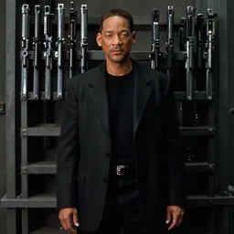 film still of Will Smith as Neo in the construct with the gun racks in The Matrix 1999