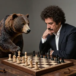 jerry garcia and a bear playing chess, drawing by mc escher, hyper realistic, volumetric lighting