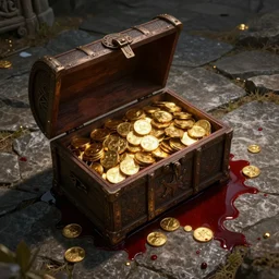 stone floor, opened chest full of gold, blood, dnd fantasy digital art, high detail, realistic, deadly