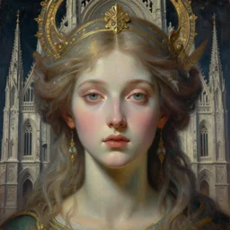 portrait of a beautiful young goddess'face merging with a cathedral building, unusual beauty, etheric, outworldly dimmed colours, emotionally evoking symbolic metaphors, head in focus, fantasy, ornamental, intricate, elegant, highly detailed painting style photo, artstation, concept art, painterly, golden ratio, sharp focus, illustration, art by john william godward and zdzisław beksinski, antonio mora,