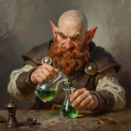 a beautiful portrait painting of a bald dnd gnome in his 3 0's with brown beard mixing a potion, artstation fantasy gnome, deviantart fantasy gnome, world of warcraft gnome portrait, pathfinder gnome, art by keith parkinson and greg rutkowski and tim hildebrandt