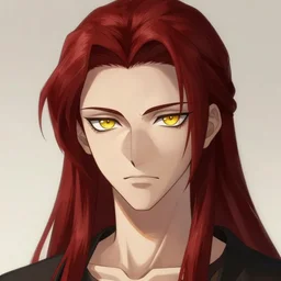 portrait of hisoka morow hunter hunter male thin lips small eyes very thin pursed lips extremely sharp jaw yellow iris almond almond eyes squinting eyes dark red hair soft hair slicked back crimson hair anime, elegant, highly detailed, digital painting, artstation art by ruan jia and greg rutkowski, madonna