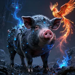 full shot of a beautiful pepa the pig covered by black oil, venomize, intricate lights, gas, blue light, phoenix, bio luminescent, plasma, by ruan jia and artgerm and range murata and wlop and ross tran. key art. fantasy illustration. award winning, artstation, intricate details, realistic, hyperdetailed, vibrant lights.