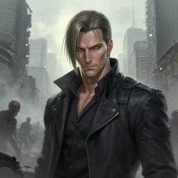 battle hardened, sly, rugged albert wesker, face centered portrait, confident, ruined cityscape, zombies, fog, rain, volumetric lighting, soft light particles floating near her, illustration, perfectly shaded, soft painting, art by krenz cushart and wenjun lin