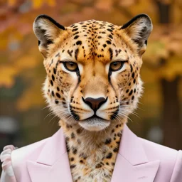 humanoid in cheetah mask fading into, autumn, perfect face, sharp focus, directed gaze, pastel colors, haute couture, editorial photoshoot, vivid, fashion photography, portrait photography, 8 k hd in the style of zdzisław beksinski