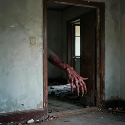1 9 7 0 s photography, demonic hand with claws coming out of dark threshold in abandoned house