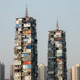 two high towers made up of makeshift squatter shacks with faded colours, plain uniform sky at the back, misty, mamiya, ultra sharp, very detailed, photographed by julie blackmon