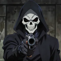 a close shot of a grim reaper as gunsliger man in trigun series, skull face, movie shot, anime, hightly detailed, rescalated 4 k, detailed