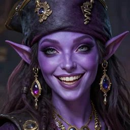purple skin, Tiefling Pirate, laughing, beautiful detailed eyes, cute, fantasy, intricate, elegant, highly detailed, digital painting, 4k, HDR, concept art, detailed jewelry, smooth, sharp focus, illustration, by Douglas Shuler