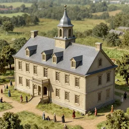 a medieval temple modeled after an old american colonialist 1 7 th century governmental building, where people who worship the founding fathers congregate. by greg rutkowski