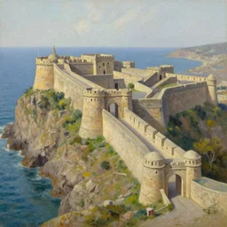 a fortress with complex interweaving walls, towers, and gates, perched on a sea cliff, oil painting
