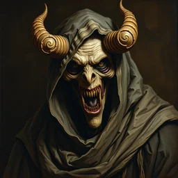monk with hood, vile, horns, fanged creature, terror, rembrandt