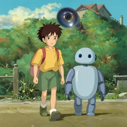 a boy and his robot friend walking to school, anime film still from Studio Ghibli movie with art direction by Zdzisław Beksiński, wide lens
