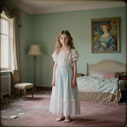 a beautiful young girl in an abandoned hotel room, daguerreotype by edward hopper, by henri rousseau, by Bosch, art noveau, highly detailed, strong lights, liminal, eerie, Bright pastel colors, octane render, 8k,