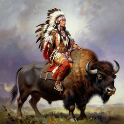 powerful native american warrior!! beautiful native american sitting on bison, buffalo, painted by frank frazetta
