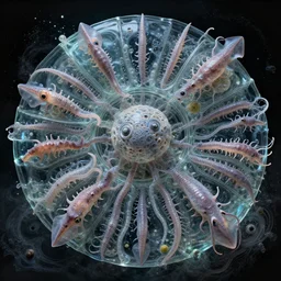 the omni, hatchlings, gelatinosis glass layered biomechanical, onscientia, phantastica, aliena, nudibranch, squidworm in symbiosi crusta, uspaceship pellucens, gelatin cerebri, mollis, exesa, artificia, vortices micro water,, fluida, by peter mohrbacher