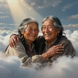 portrait of a indigenous grandparents in the clouds, smiling, protection, benevolence, ancestors, art by christophe vacher
