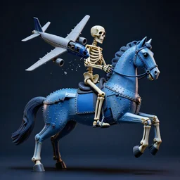 a scuplture of a skeleton riding a horse, made from plastic toys and riveted together, a toy plane crashing into it, haunted, in the style of dali, plastic, blue, hyperdetailed, ultra realistic, octane render, 8 k, cinematic, atmospheric lighting, dark volumetric lighting