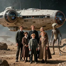 highly detailed, 524288k film still from a sci fi blockbuster color movie made in 2019, set in 1860, of a family standing in front of a spaceship that has just landed on an alien planet, a humanoid alien creature stands nearby, the family are all wearing 1860s era clothes, good lighting, good photography