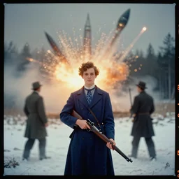 kodak portra 4 0 0, wetplate, muted colours, blueberry, 1 9 3 0 s style, motion blur, vivid portrait of a backdrop, explosions, rockets, bombs, sparkling, old forester, rifle, forest, snow, haze, fog, by georges melies and by britt marling