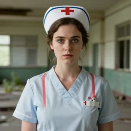 detailed movie still of aubrey plaza as a nurse, really large bust, intricate features, 8 k, by greg rutkowski, artgerm, derelict schoolyard.