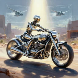 futuristic chrome jet - bike, biomechanical rider, chopper, fly's past viewer, freeze frame, post apocalyptical albuquerque background, strong radiant light, rim - light, symmetrical, concept art, intricate detail, volumetric shadows and lighting, realistic oil painting by tim hildebrandt,