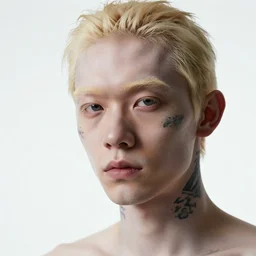 portrait of an albino in front of a white background, blonde hair and eyebrows, face tattoo, cinematic lightin