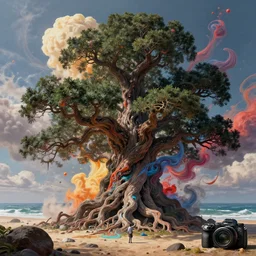an impressive ominous cinematic shot photo of a great big bonzai tree beach caustics cumulo nuclear volumetric dynamic fluid simulation lighting impressive masterpiece hyper detailed intricate sharp focus 8 k realistic illustration canon eos r 3 fujifilm x - t 3 0 sony alpha, by james gurney tooth wu artgerm colorful