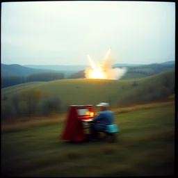 kodak portra 4 0 0, wetplate, muted colours, blueberry, 1 9 3 0 s style, motion blur, award winning portrait of a tuscan countryside in autumn, explosions, rockets, bombs, picknick, by georges melies and by britt marling