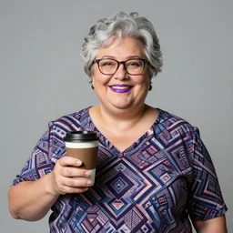Friendly smiling obese american coffee lady in her late 60s, short grey hair, glasses, purple lipstick, geometric patterned shirt, realistic studio photo - H 1280