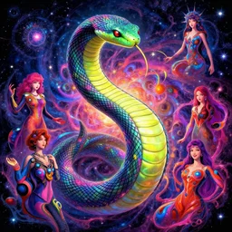cosmic serpent, infinite fractal worlds, bright neon colors, highly detailed, cinematic, eyvind earle, tim white, philippe druillet, roger dean, lisa frank, aubrey beardsley, hiroo isono