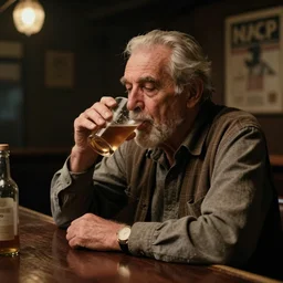 a very old man suffering while drinking alone in a dark bar, vintage style photo, realistic