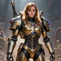 hyper realistic heroic warhammer machine warrior android girl, cinematic, chaos marine, emma watson, artstation, cgsociety, full body, greg rutkowski, james gurney, mignola, craig mullins, brom redshift, vray, octane