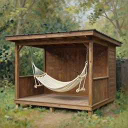 brown wooden small summerhouse, roofed elevated veranda, white swinging garden hammock, rembrandt style painting