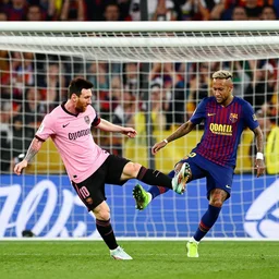 Messi kicking Neymar into the goal