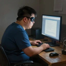 an insanely detailed painting of a slightly chubby, nerdy asian man wearing a superhero costume and mask, sitting at a desk, staring at the nervously at the computer and typing, in the style of peter mohrbacher, dramatic lighting and composition, octane render, trending on artstation, concept art, comic book, view from back