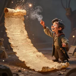 A scholar delighted by a very long disintegrating magical parchment with sparks and smoke coming out of it fantasy digital art disney style